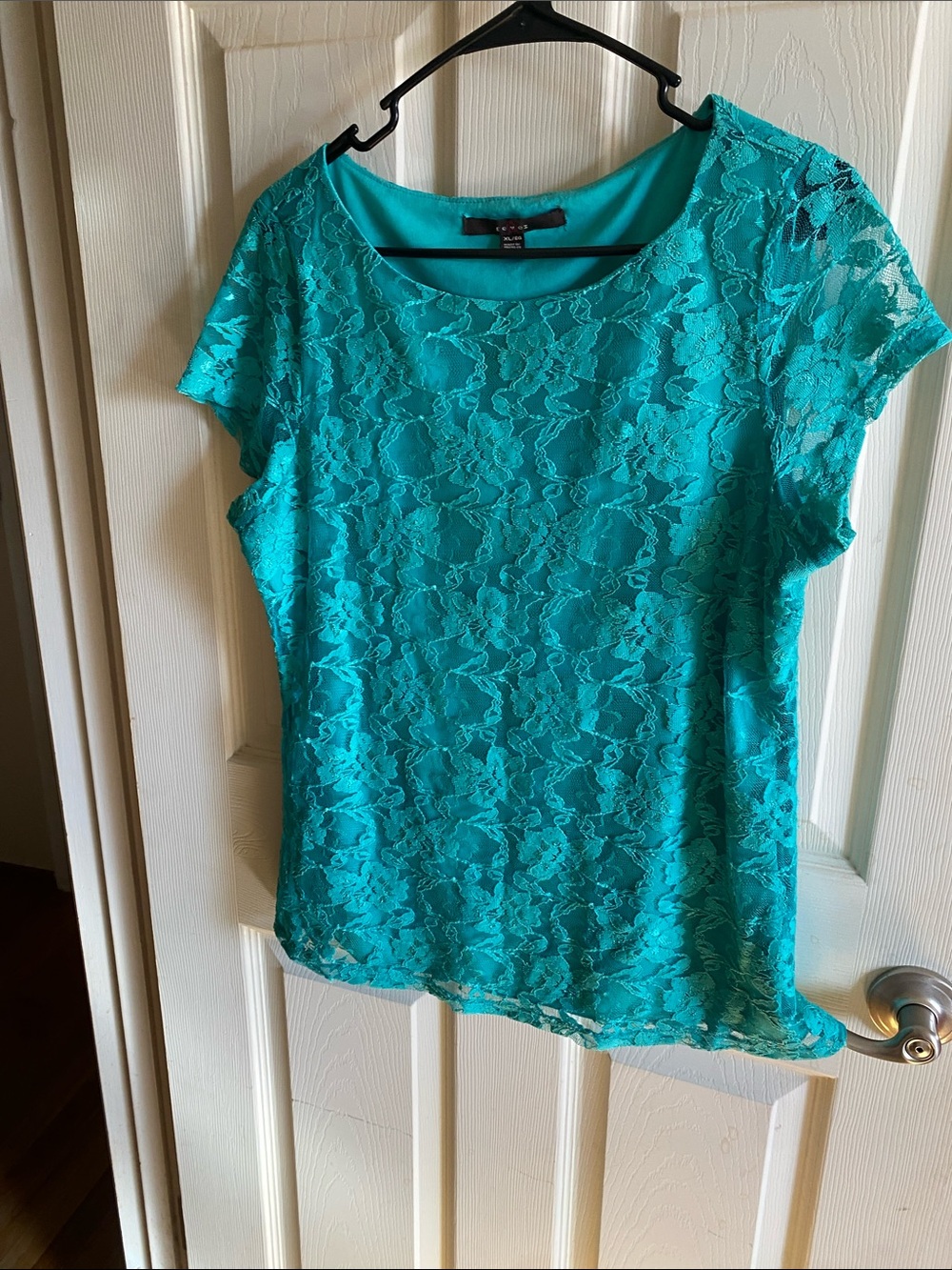 Fever Teal Floral Lace Short Sleeve Blouse